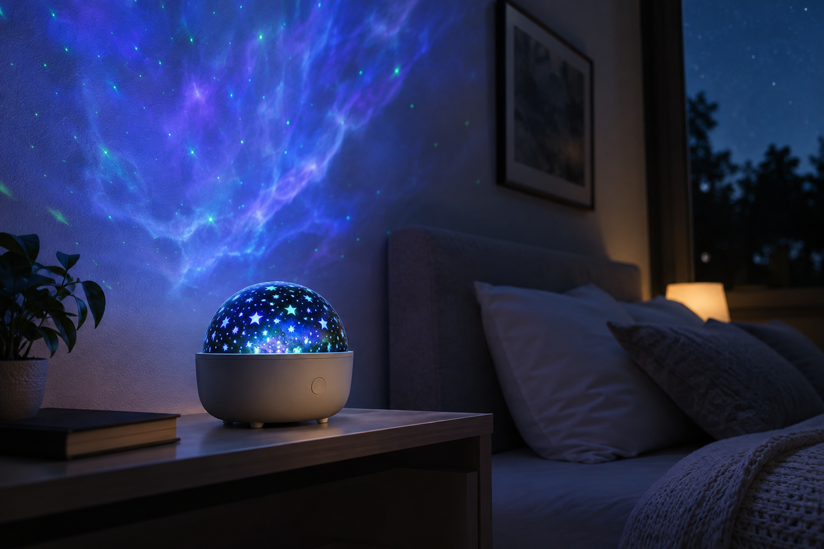 Unbranded battery-powered galaxy projector illuminating a room ceiling