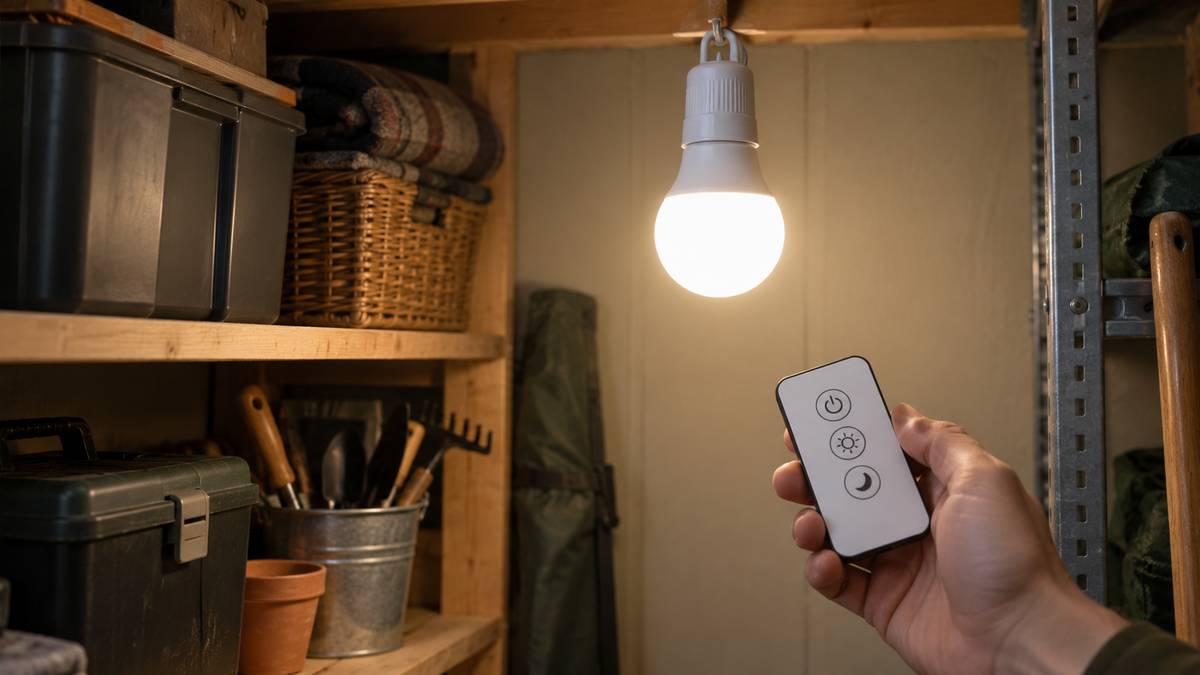 Unbranded battery powered bulb and simple remote arranged in a softly lit utility space