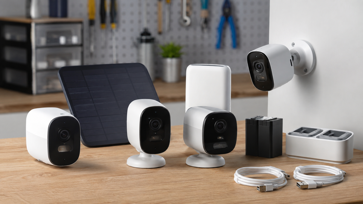 Generic multi-camera battery-powered home security system with charging accessories