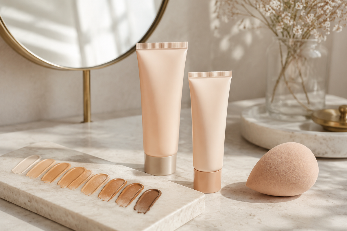 Unbranded BB cream tubes with inclusive natural shade swatches and makeup sponge