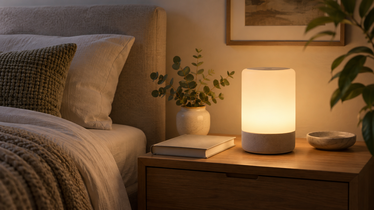 Unbranded smart bedside lamp casting warm adjustable light in a calm bedroom