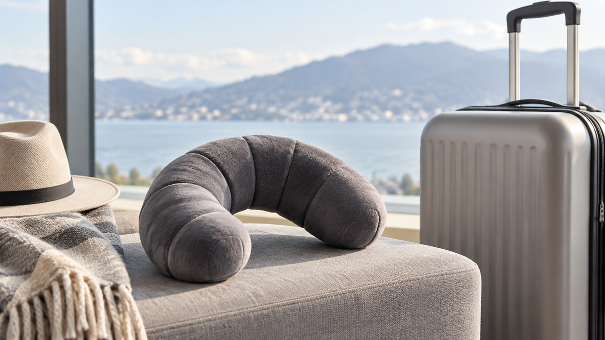 Unbranded bendable neck pillow shaped into a gentle curve beside travel luggage