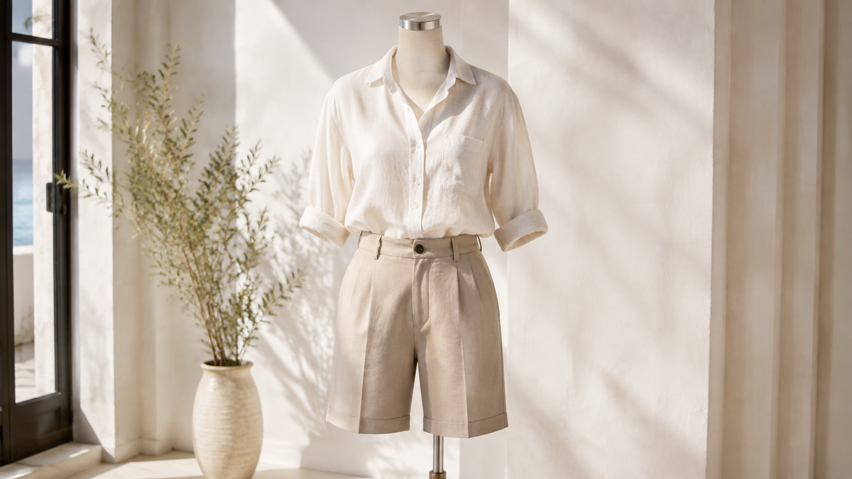 Bermuda shorts with a linen shirt in a bright summer studio