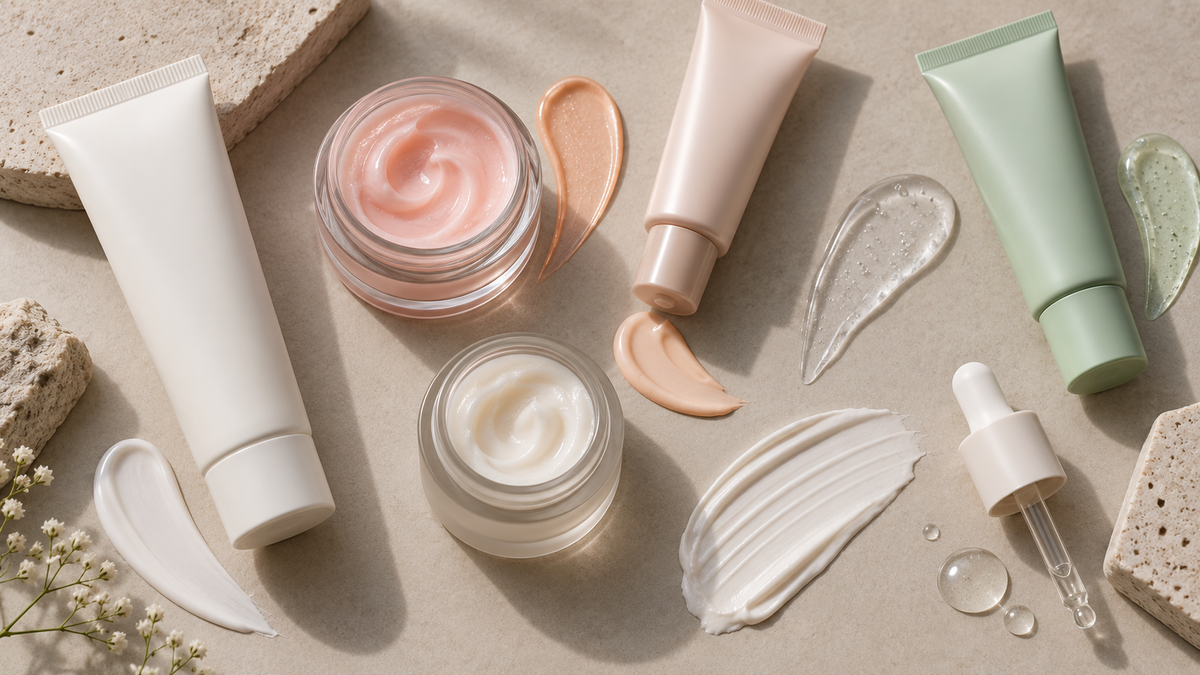 Unbranded cosmetic primer textures and containers in a clean flat lay