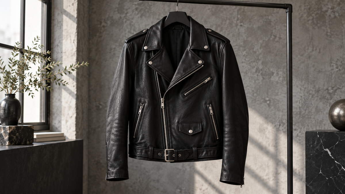 Black biker jacket showing lapels zippers and construction
