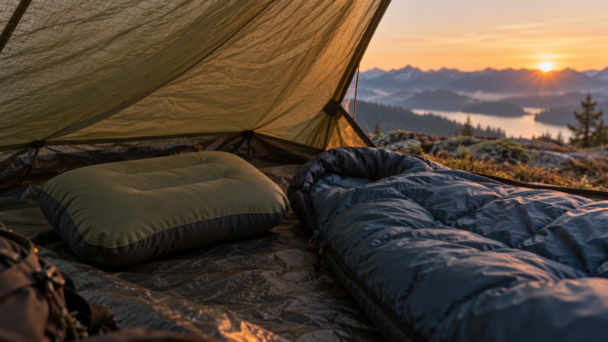 Unbranded compact bivvy pillow beside a neutral sleeping bag inside a simple outdoor shelter