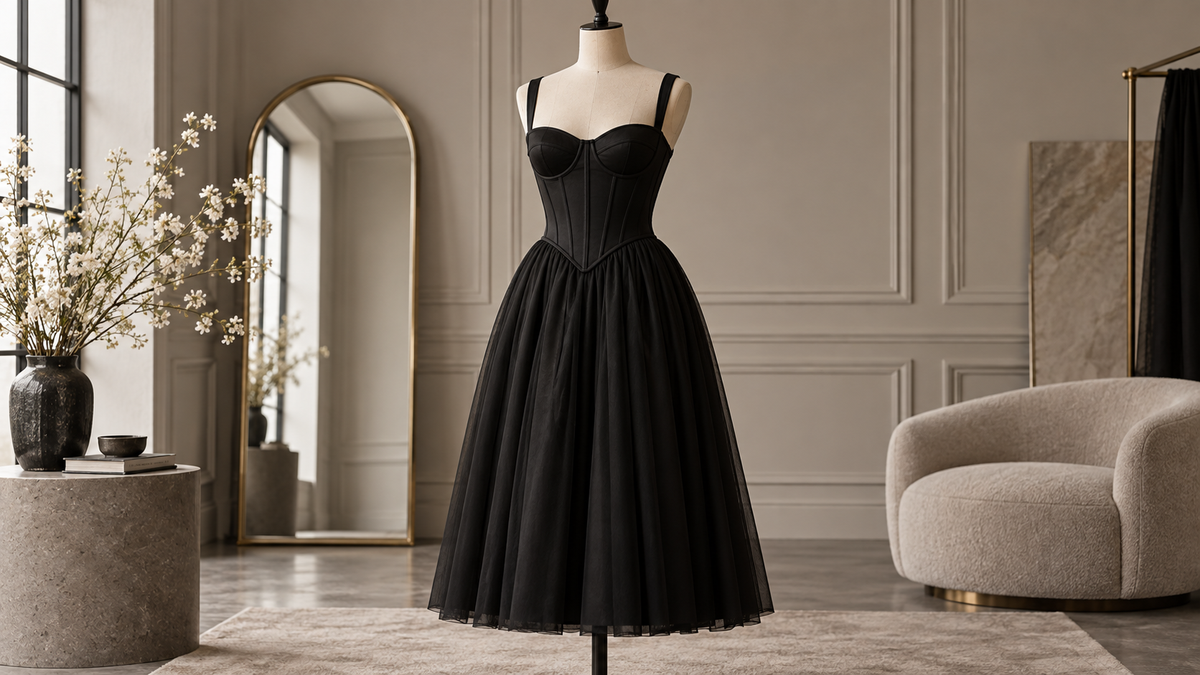 Elegant black corset inspired dress displayed on a mannequin in a neutral studio