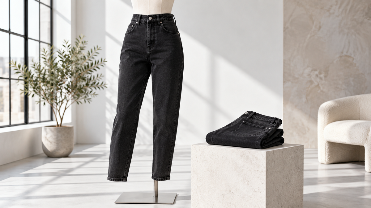 Black mom jeans showing a high rise and tapered leg in a bright studio