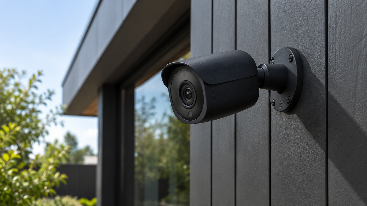 Black outdoor security camera mounted on a contemporary exterior wall