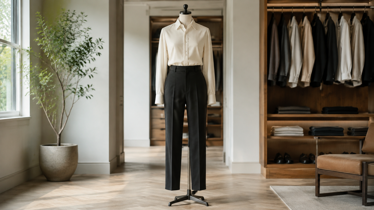 Tailored black pants with a cream shirt on a dress form
