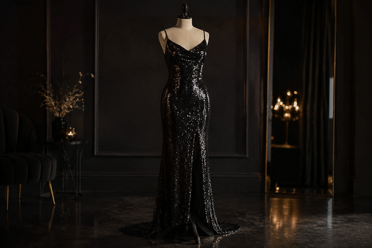Black sequin dress on a dress form in an elegant evening studio