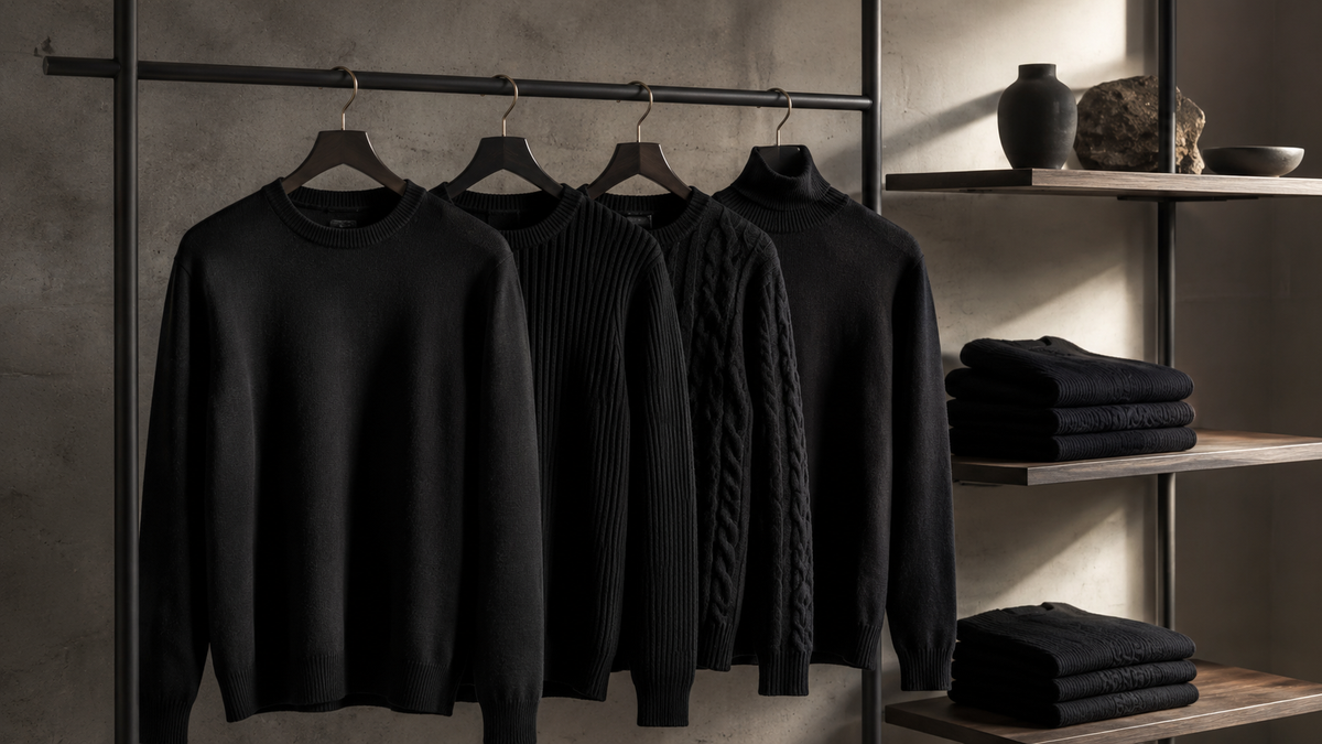 Black unbranded sweaters in smooth ribbed cable knit and turtleneck styles