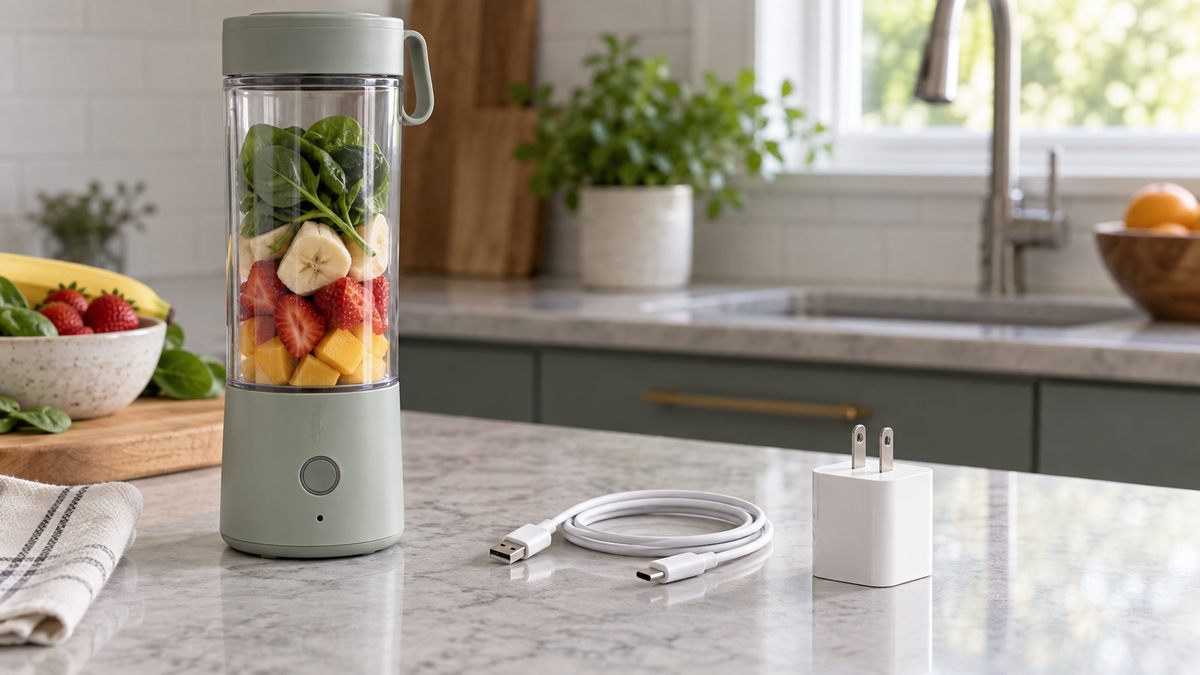 Unbranded portable blender charging cable and power adapter arranged safely on a dry kitchen counter