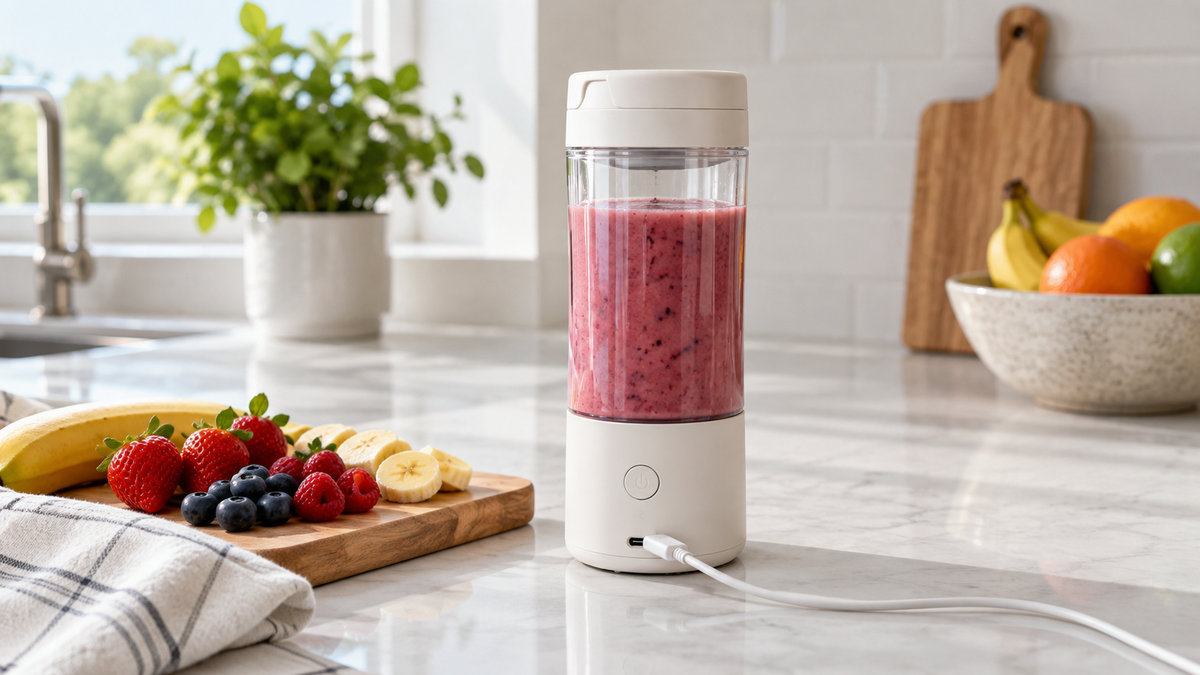 Unbranded compact blender with a visible generic USB charging port on a clean counter