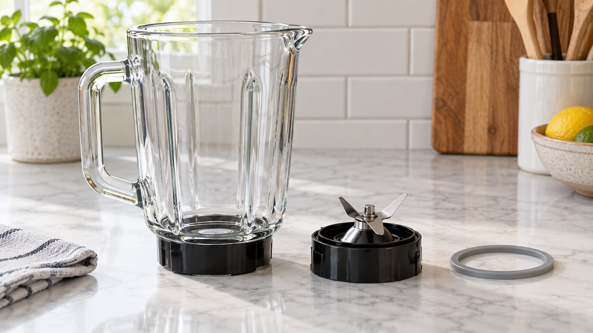 Unbranded blender jar with removable blade assembly and gasket laid out safely for cleaning