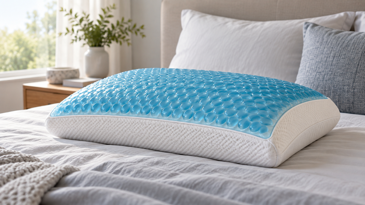 Unbranded pillow with a blue bubble-textured gel layer shown on neutral bedding