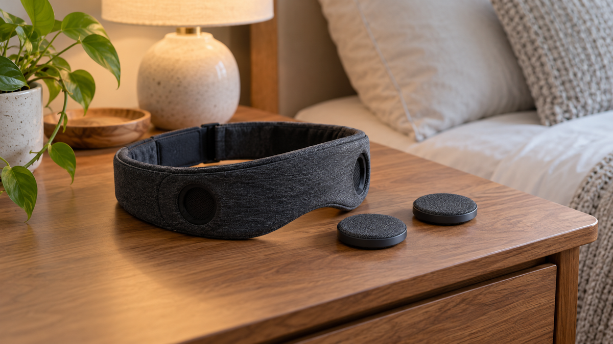 Dark fabric audio headband beside flat removable speaker disks