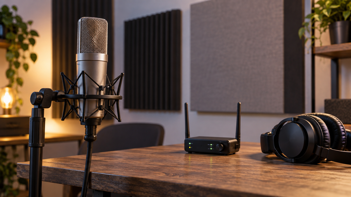 Condenser microphone with a compact wireless receiver in a studio