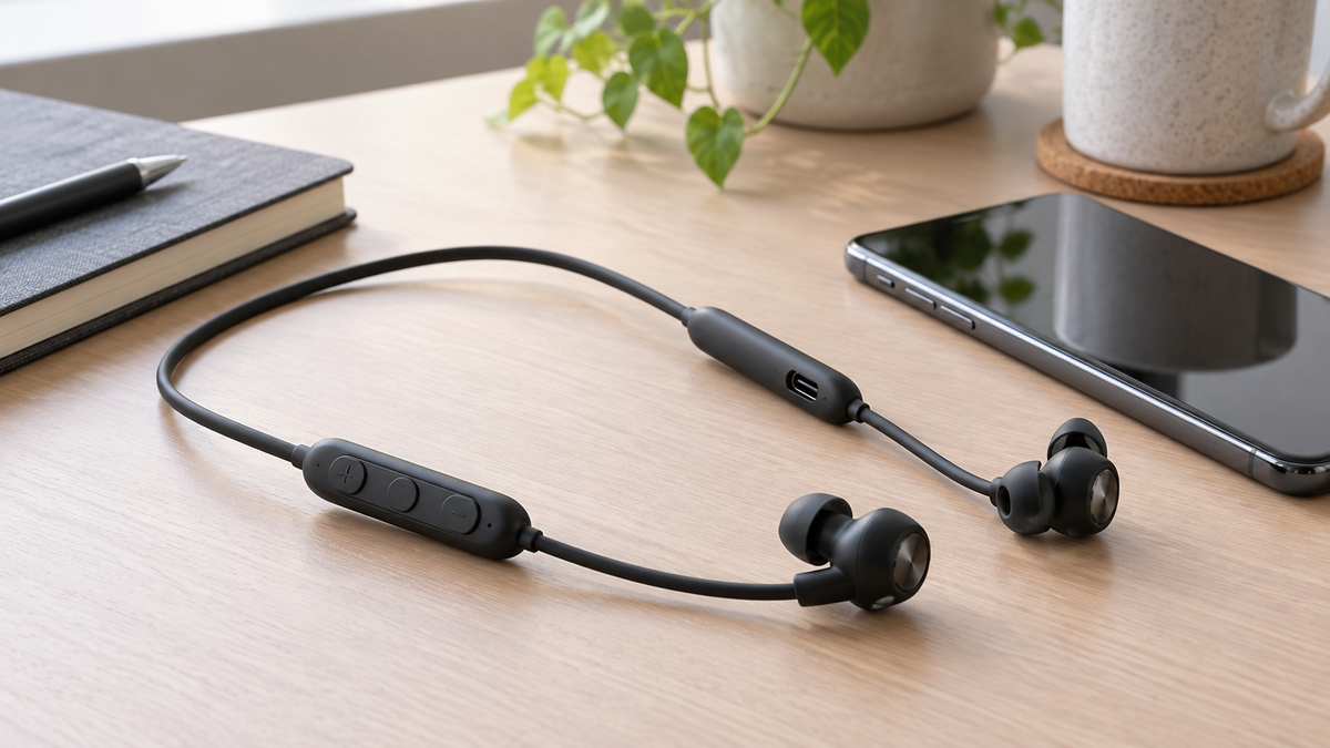 Bluetooth earbuds joined by a neck cable with inline controls