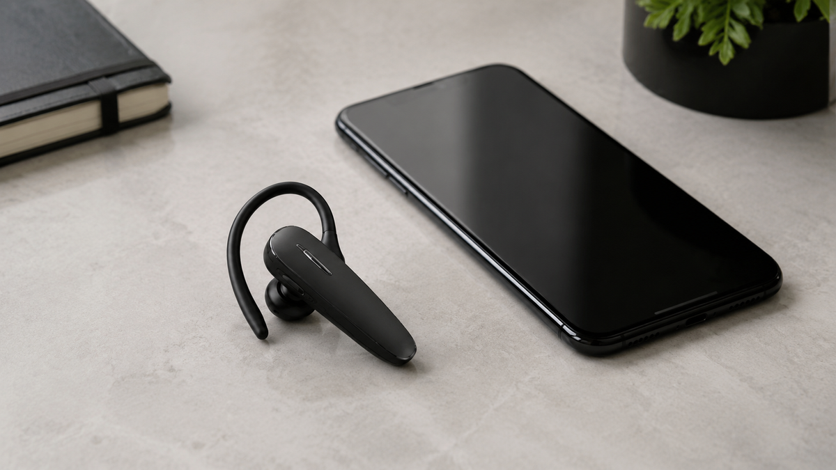 Generic single-ear Bluetooth earpiece beside an unbranded smartphone