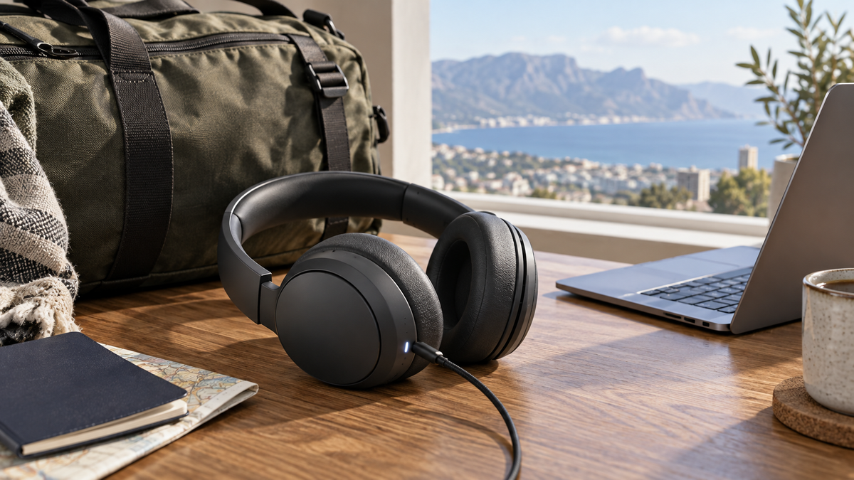 Unbranded over-ear Bluetooth headphones charging beside a travel bag and laptop