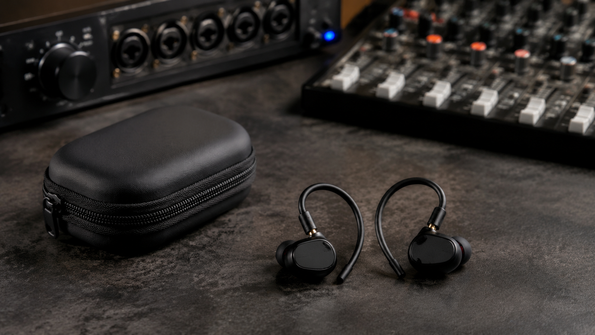 Generic Bluetooth in-ear monitors with ear hooks and compact case