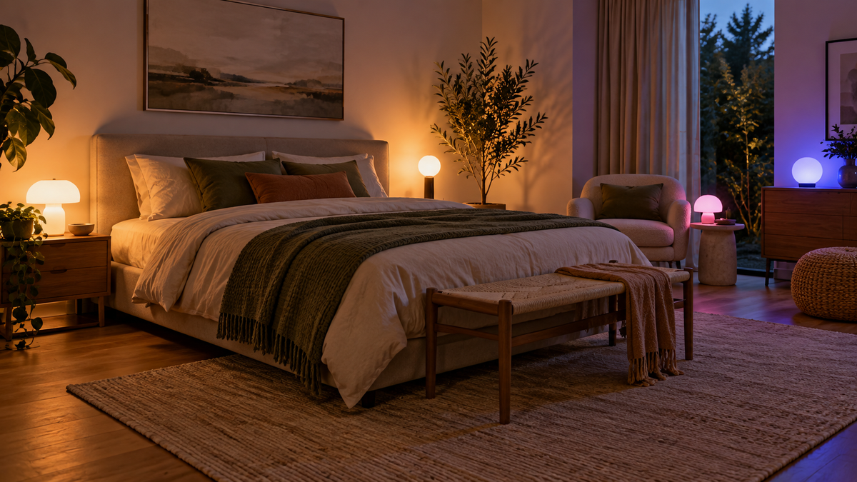 Unbranded Bluetooth-controlled room lights creating balanced ambient lighting in a modern interior