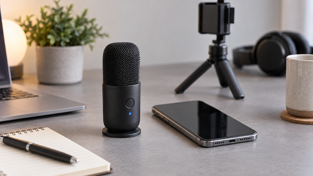 Unbranded compact Bluetooth microphone beside a phone and simple media recording setup