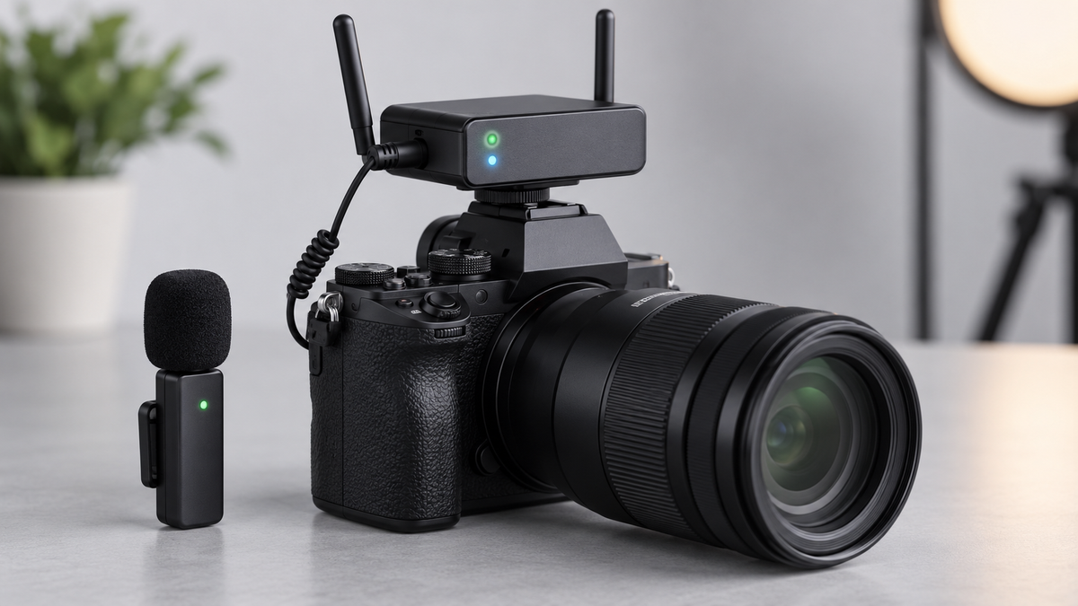 Unbranded compact Bluetooth microphone and receiver mounted on a mirrorless camera