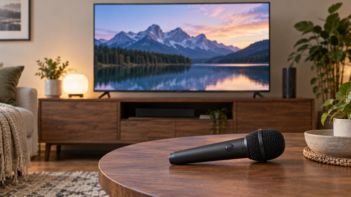Unbranded Bluetooth microphone beside a generic smart television in a home entertainment setup