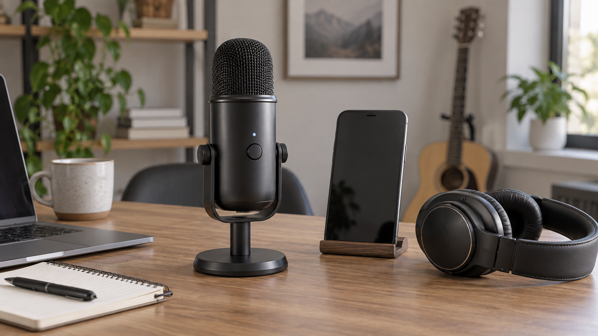 Unbranded Bluetooth recording microphone beside a phone and headphones in a neutral studio workspace
