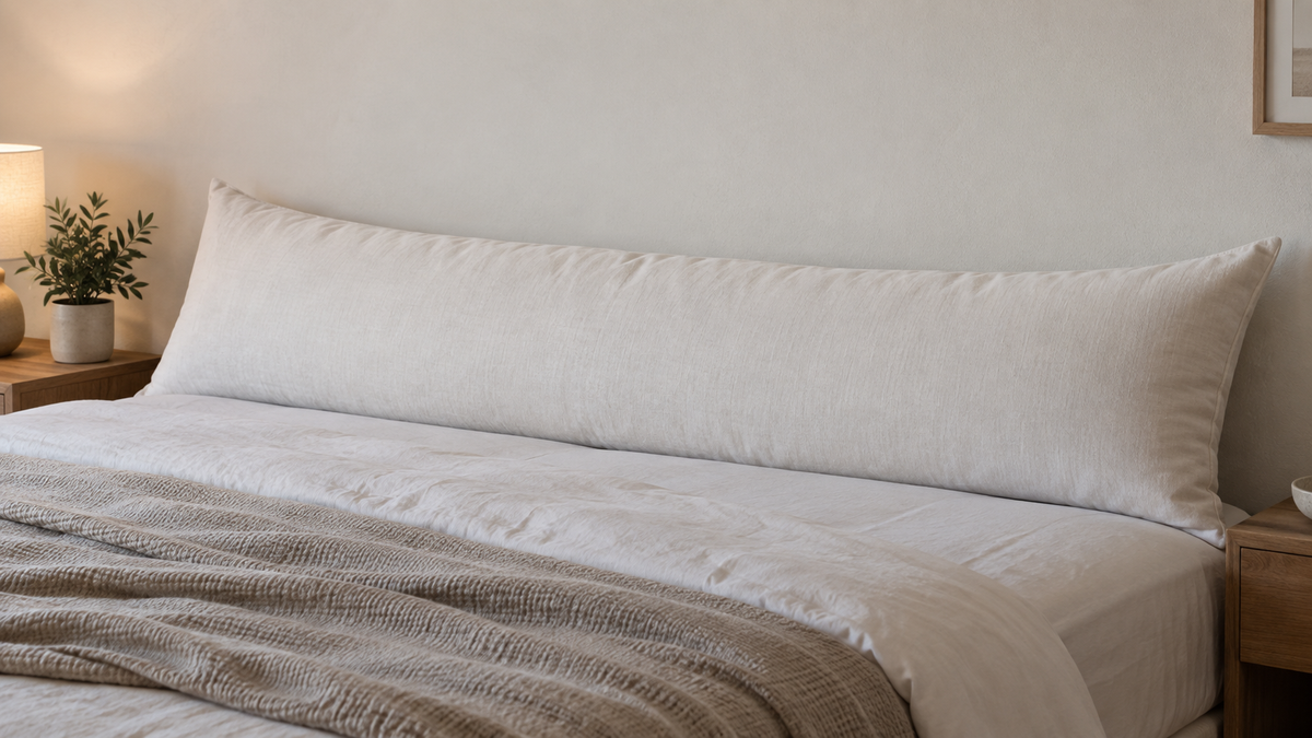 Unbranded long body pillow propped against a wall behind a neatly made bed