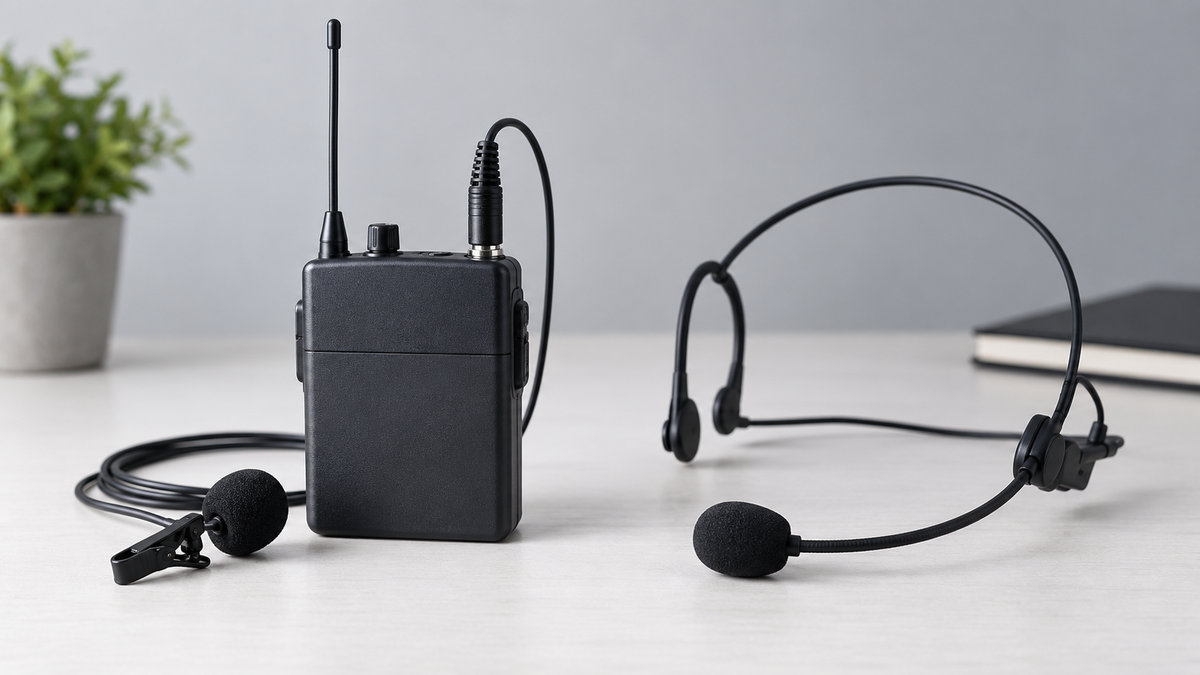 Bodypack transmitter with lavalier microphone and headset