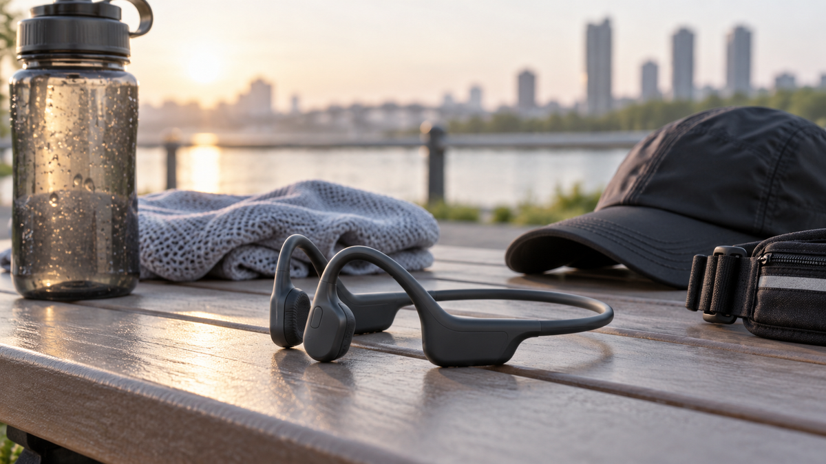 Open-ear bone conduction earphone beside running accessories