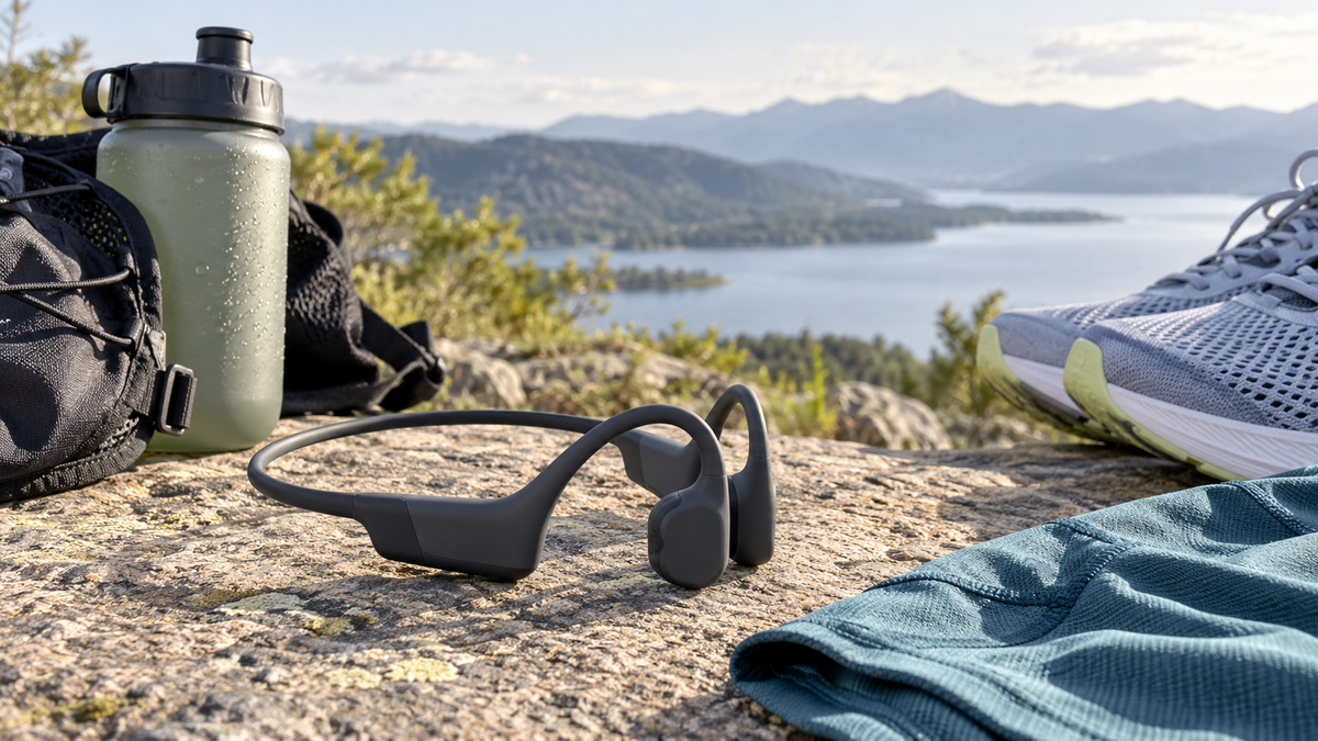 Unbranded wireless bone conduction earphones beside running gear in natural light