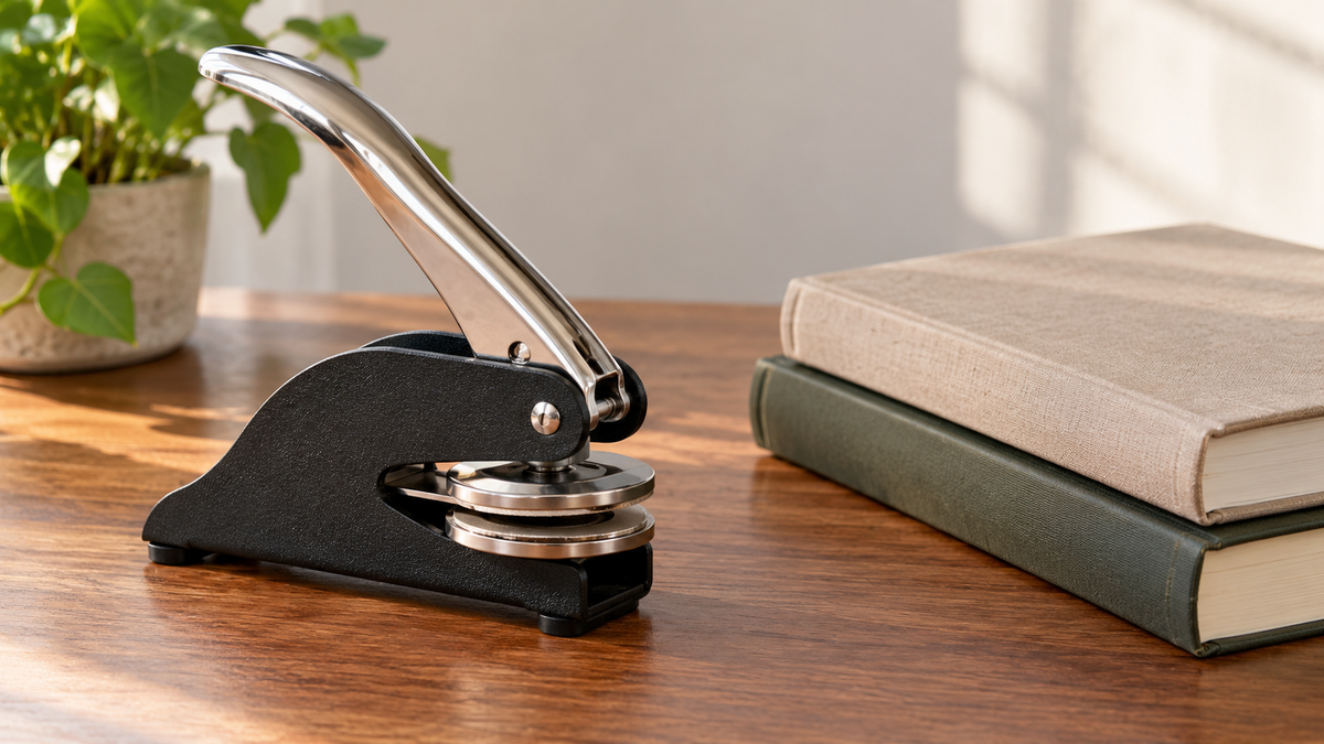 Handheld book embosser beside plain closed books on a desk