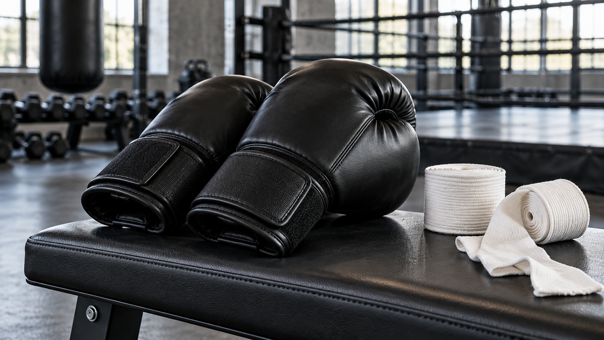 Black boxing gloves and white hand wraps on a gym bench