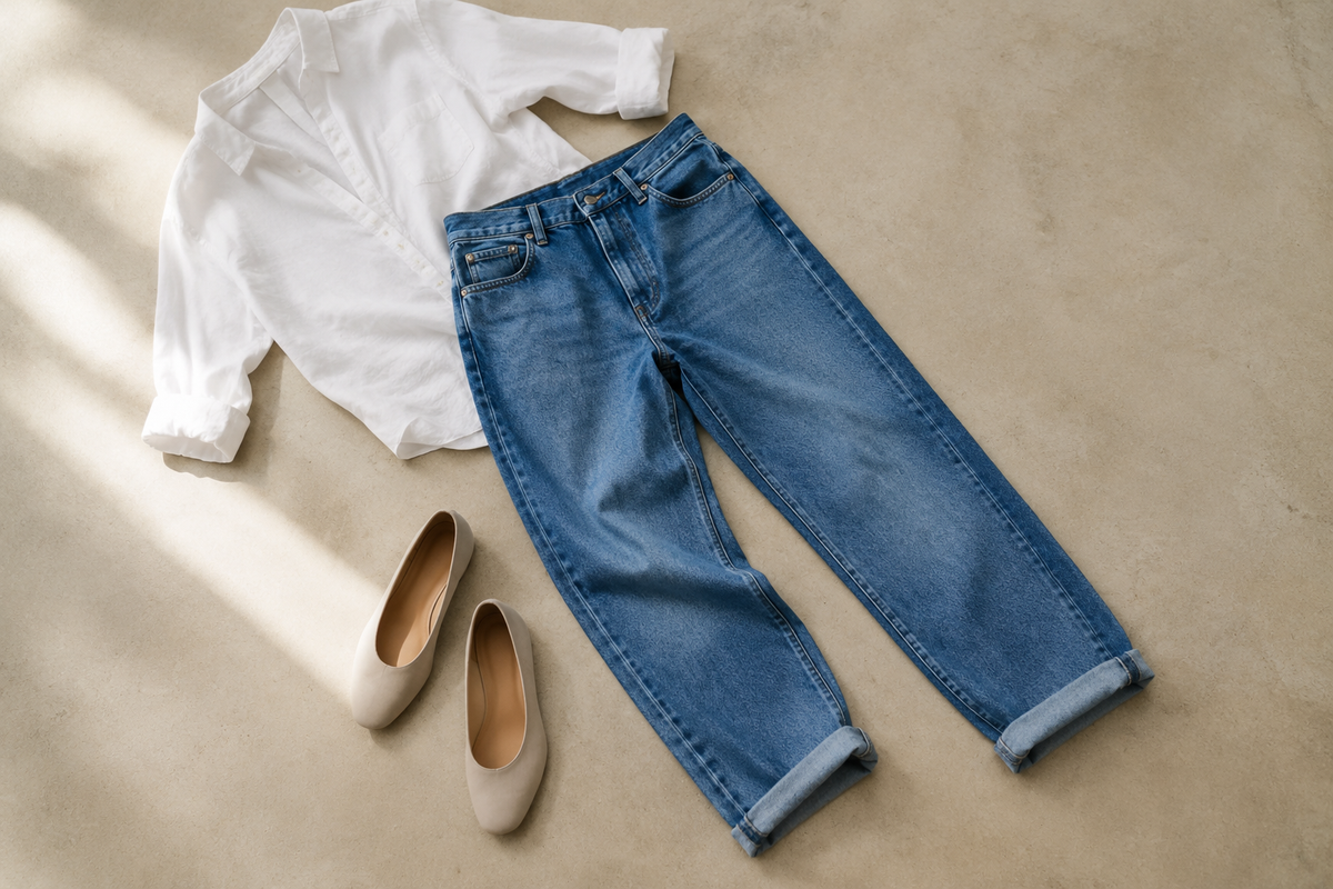 Relaxed medium-blue boyfriend jeans styled with a white shirt and neutral shoes