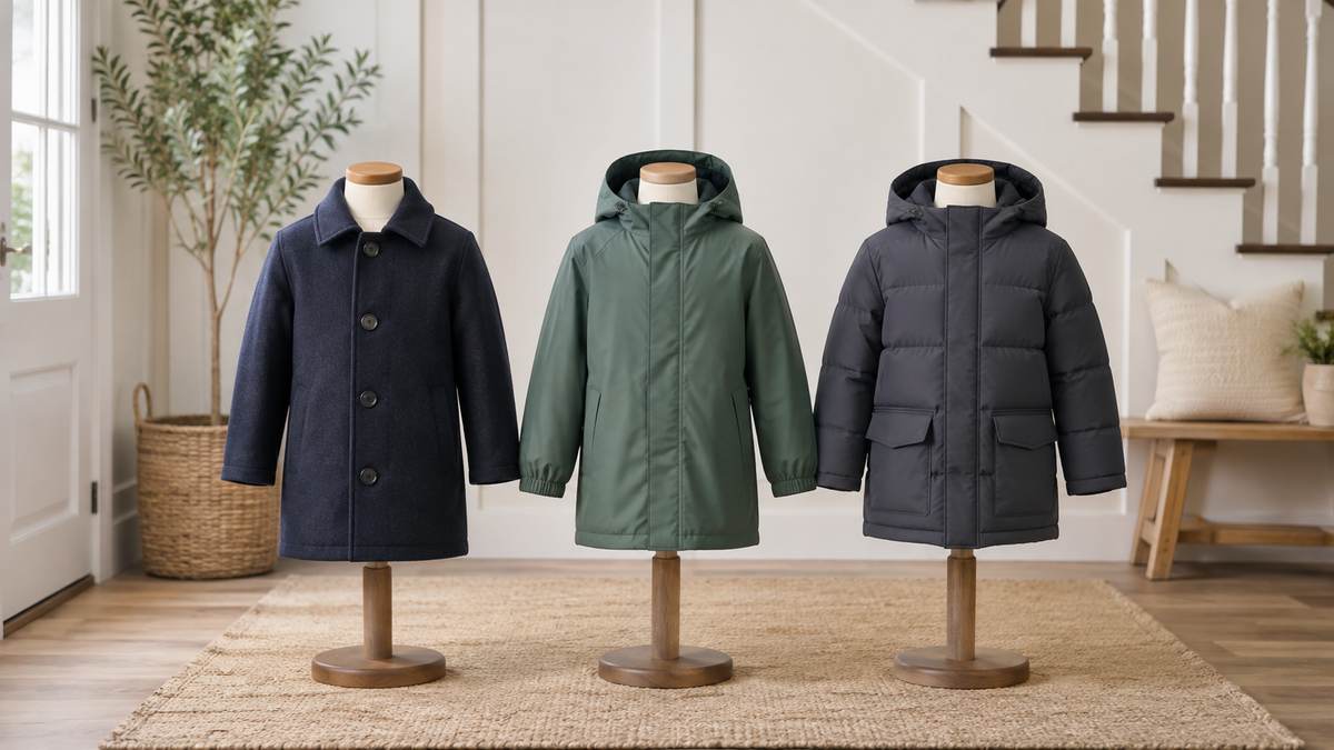 Boys coats displayed on child-size forms in a bright entryway