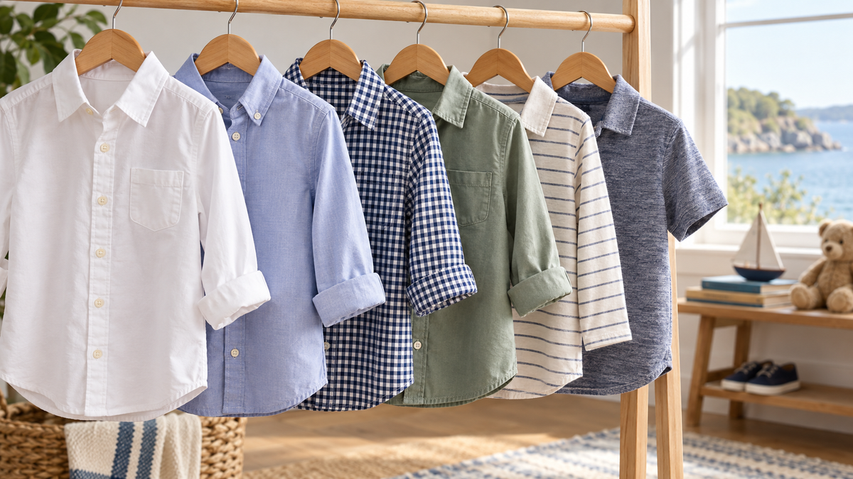 Boys shirts in varied fabrics arranged to show collars buttons and seams