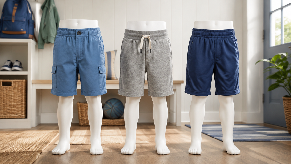 Three styles of boys shorts on child-size display forms in a bright entryway