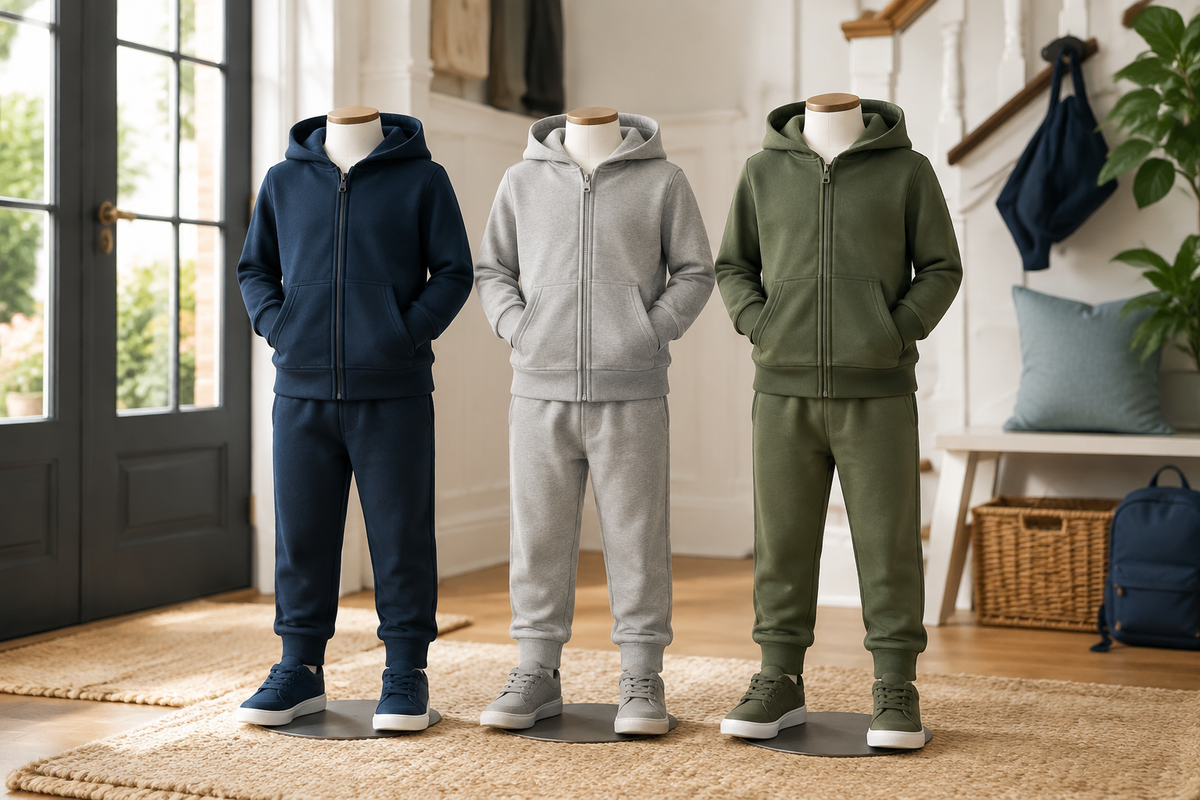 Boys tracksuits on child-size display forms in a bright entryway