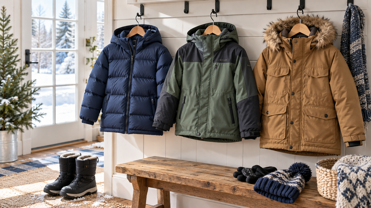 Boys winter jackets in insulated waterproof and parka styles arranged in an entryway