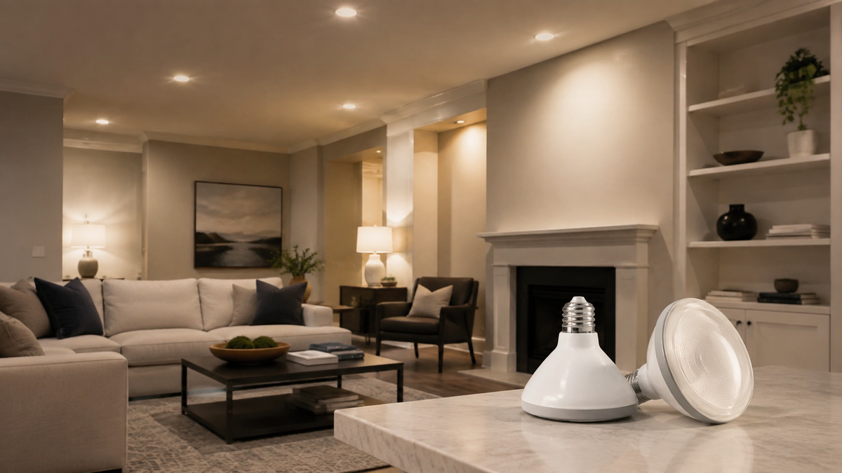 Unbranded BR30 flood bulbs beside recessed ceiling fixtures