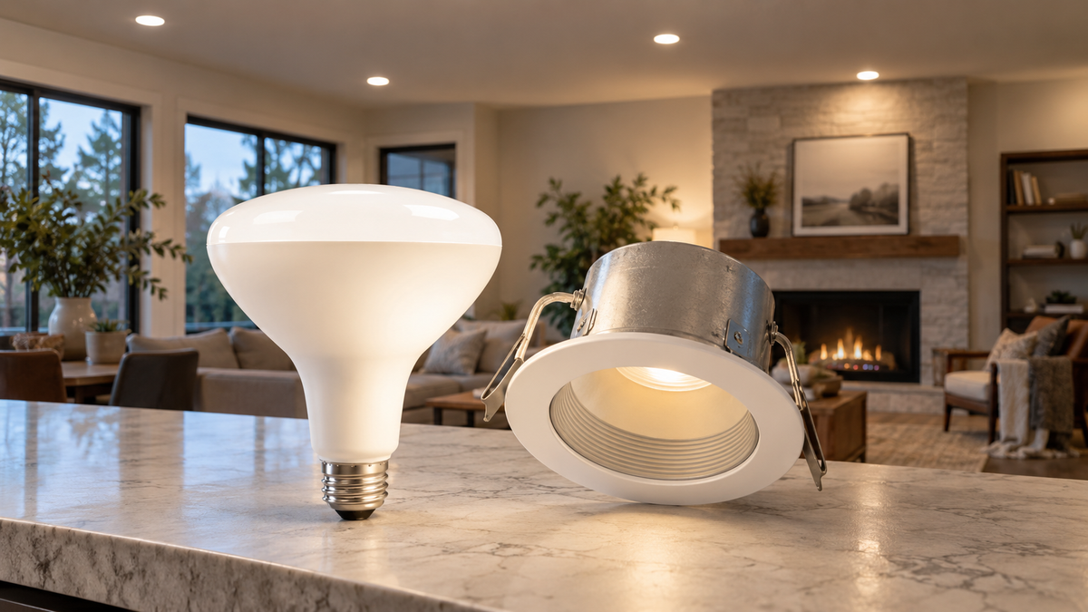 BR40 smart bulb beside a recessed ceiling light fixture