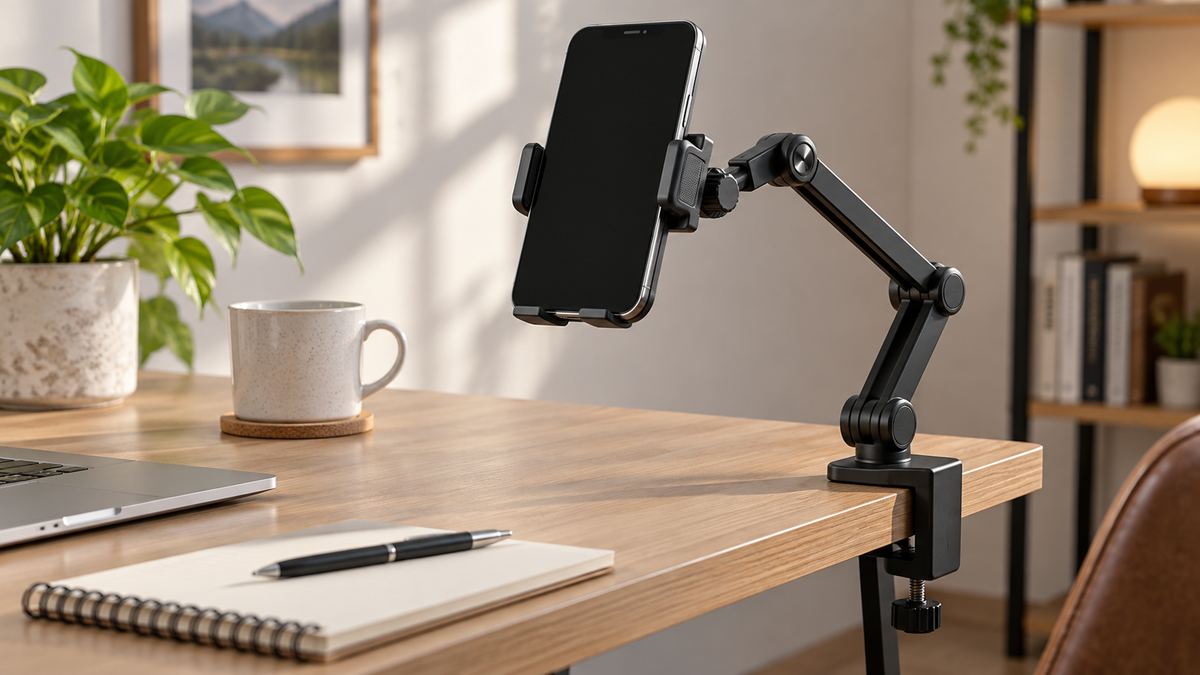 Unbranded multifunctional rotary phone holder bracket supporting a blank-screen phone on a desk