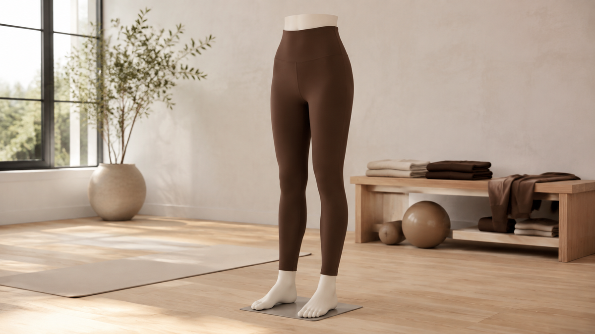 Chocolate brown leggings on an athletic mannequin in a movement studio