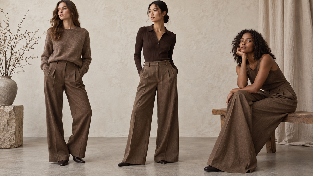 Brown pants in tailored and wide-leg silhouettes in a neutral studio