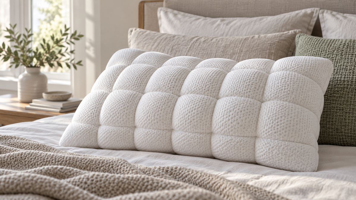 Unbranded bubble-textured pillow displayed on a neutral bed in soft natural light
