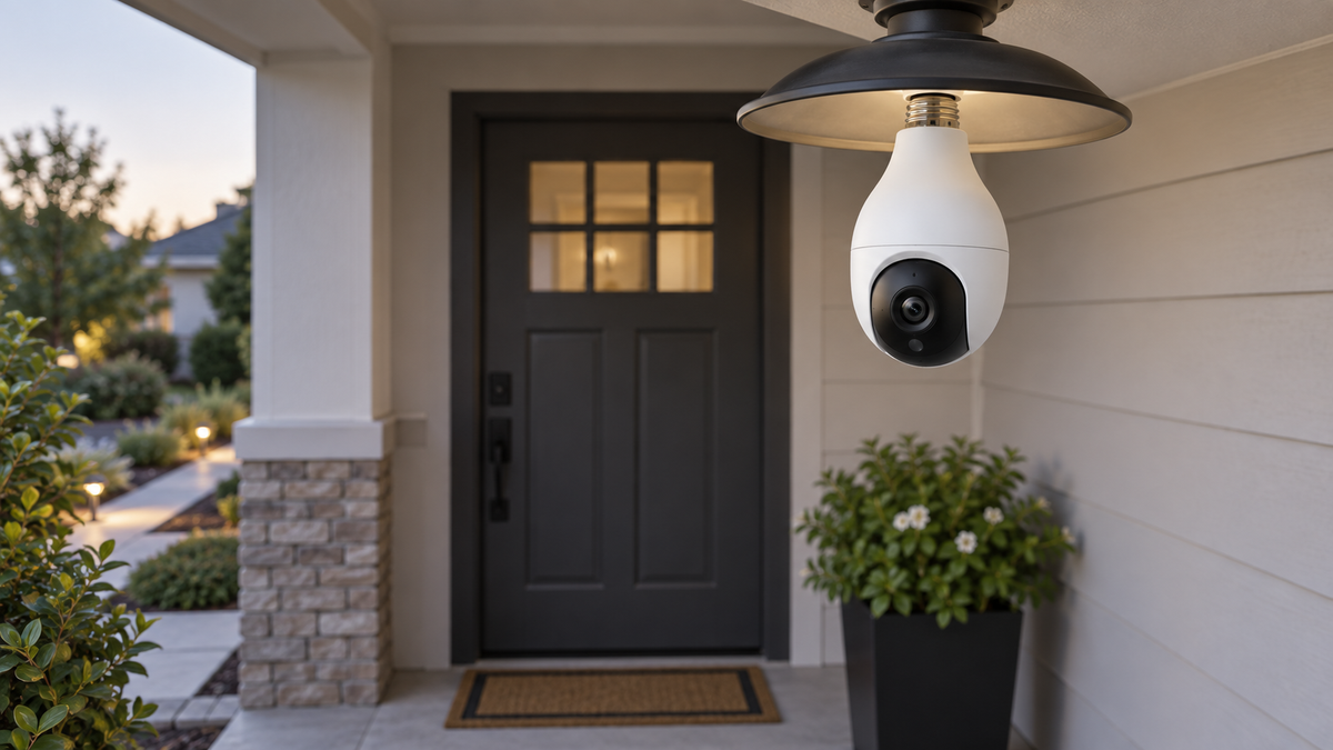 Unbranded bulb-shaped cellular camera visibly installed in an open fixture at a neutral home entrance
